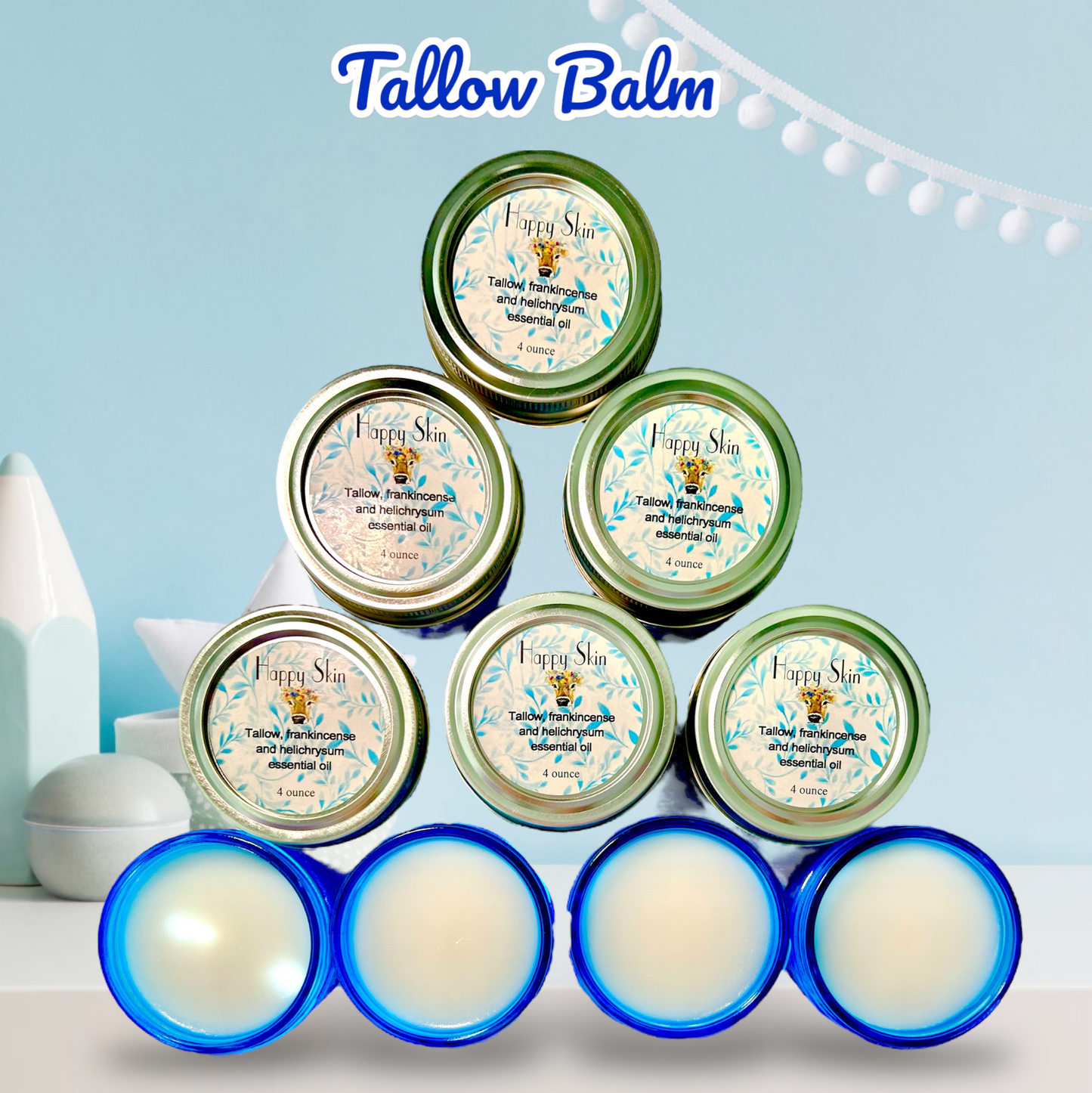 Tallow balm, 4 oz glass, Frankincense and Helichrysum